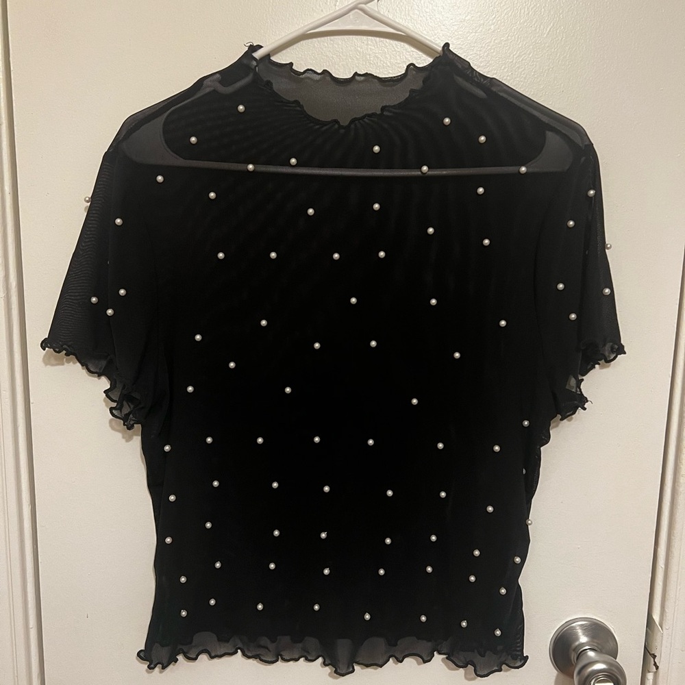 Chic Black Blouse with Pearl Detailing